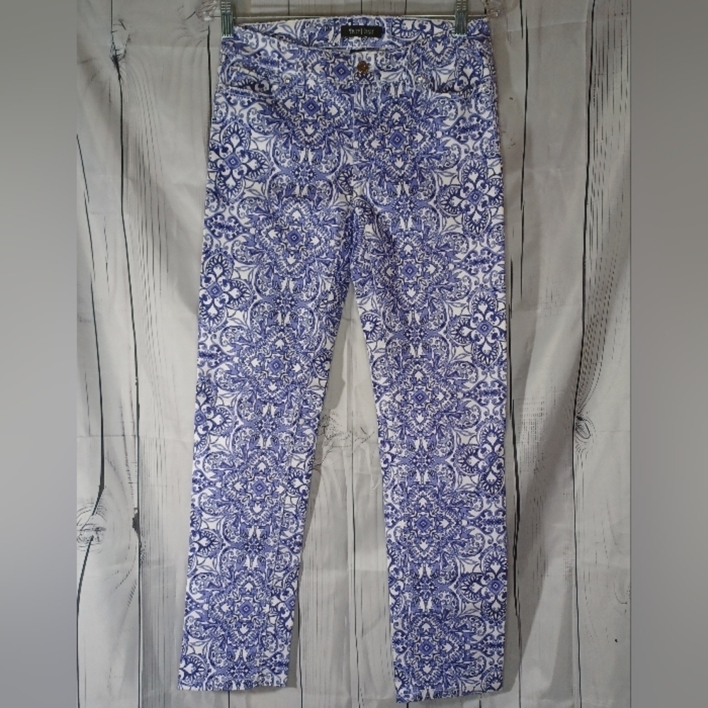 White House Black Market Slim Ankle Blue and White Patterned Preppy Jeans